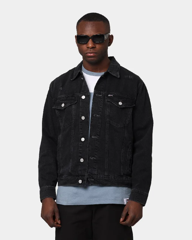Tommy Jeans Oversizes Denim Trucker Jacket Save Sp Bk Bk Rgd Destr Nylon Fabric Polyester Fabric Spandex Fabric