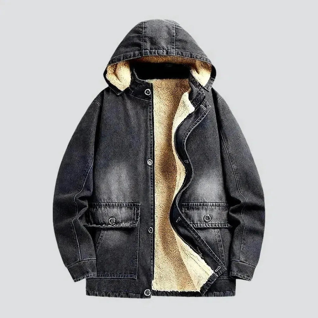 Sanded hooded men's denim jacket Zip Front Button Front Snap Front