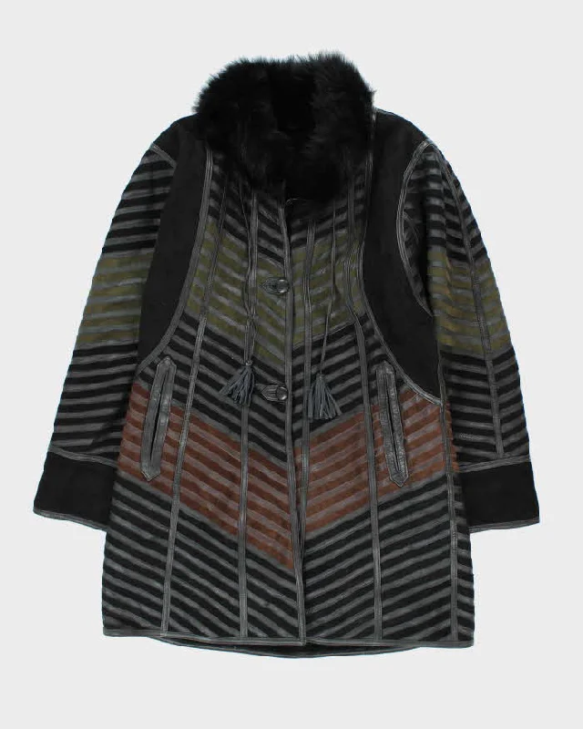 Vintage Leather Patchwork Long Jacket - M V-Neck Jacket Boat Neck Jacket Square Neck Jacket