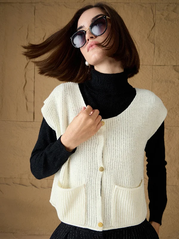 Women White Front Button Extended Sleeves Pocket Sweater Plaid Sweater Polka Dot Checkered