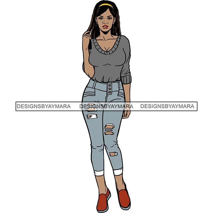 Black Woman Black Gray Sweater And Jeans Posing SVG JPG PNG Vector Clipart Cricut Silhouette Cut Cutting Notch Collar Peter Pan Collar Cowl Neck