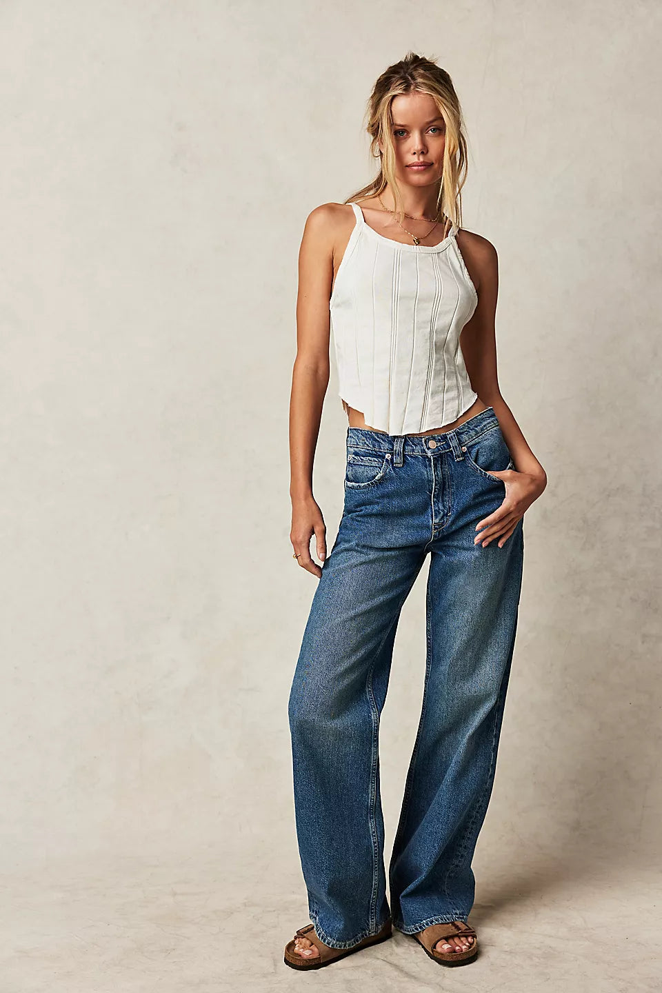 Free People Tinsley Baggy High Rise Pant - Hazey Blue Trendy High-Waist Trousers