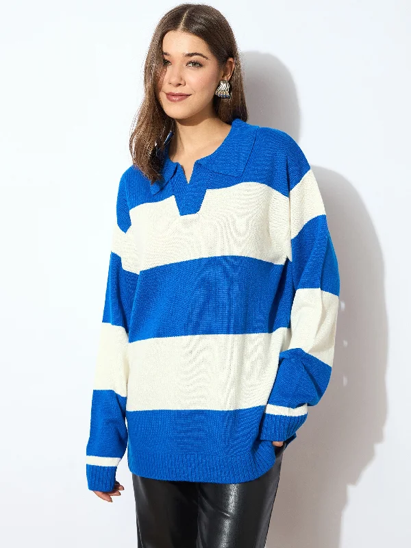 Women Blue And White Polo Neck Sweater Cotton Fabric Linen Fabric Terry Fabric