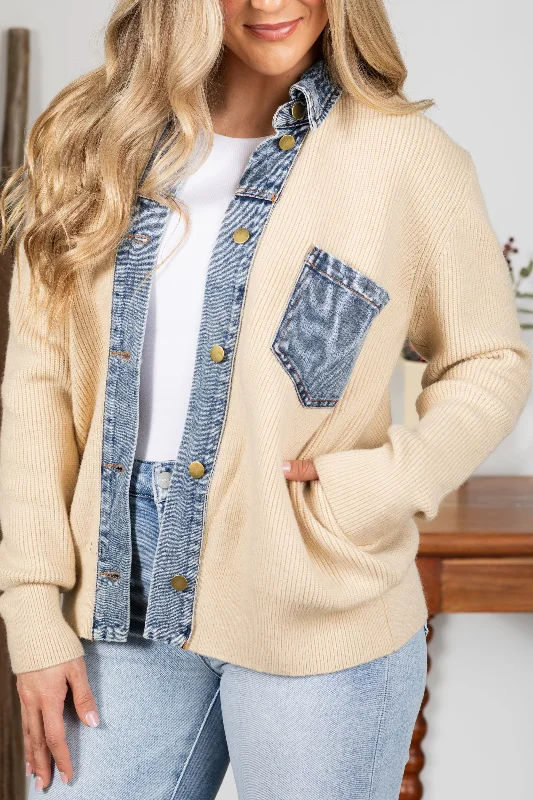 Beige With Denim Contrast Jacket Notch Collar Jacket Peter Pan Collar Jacket Cowl Neck Jacket