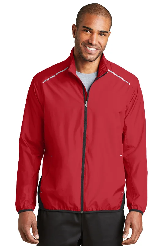 Port Authority Mens Zephyr Reflective Hit Wind & Water Resistant Full Zip Jacket - Rich Red/Deep Black - Closeout Front Pockets Side Pockets Patch Pockets