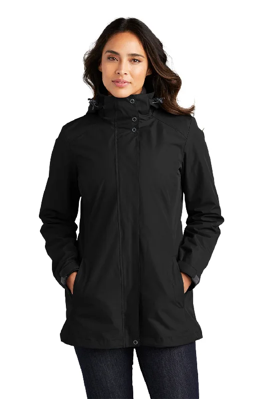 Port Authority Womens All Weather 3-in-1 Water Resistant Full Zip Hooded Jacket - Black Snapped Jacket Toggled Jacket Drawstring Jacket