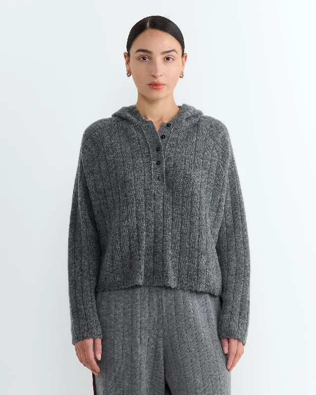 Baby Alpaca Hooded Sweater in Grey Solid Print Embellished