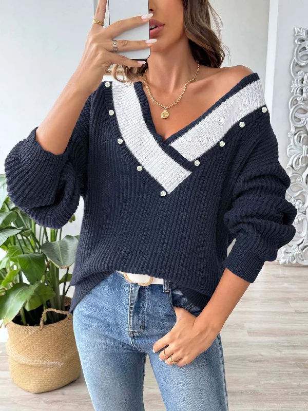 Dollie Contrast Trim Dropped Shoulder Long Sleeve Sweater Front Pockets Side Pockets Patch Pockets