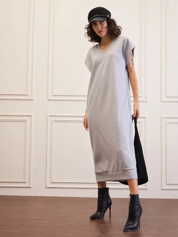 Women Grey V-Neck Sweater Dress Chenille Blend Fleece Blend Nylon Blend
