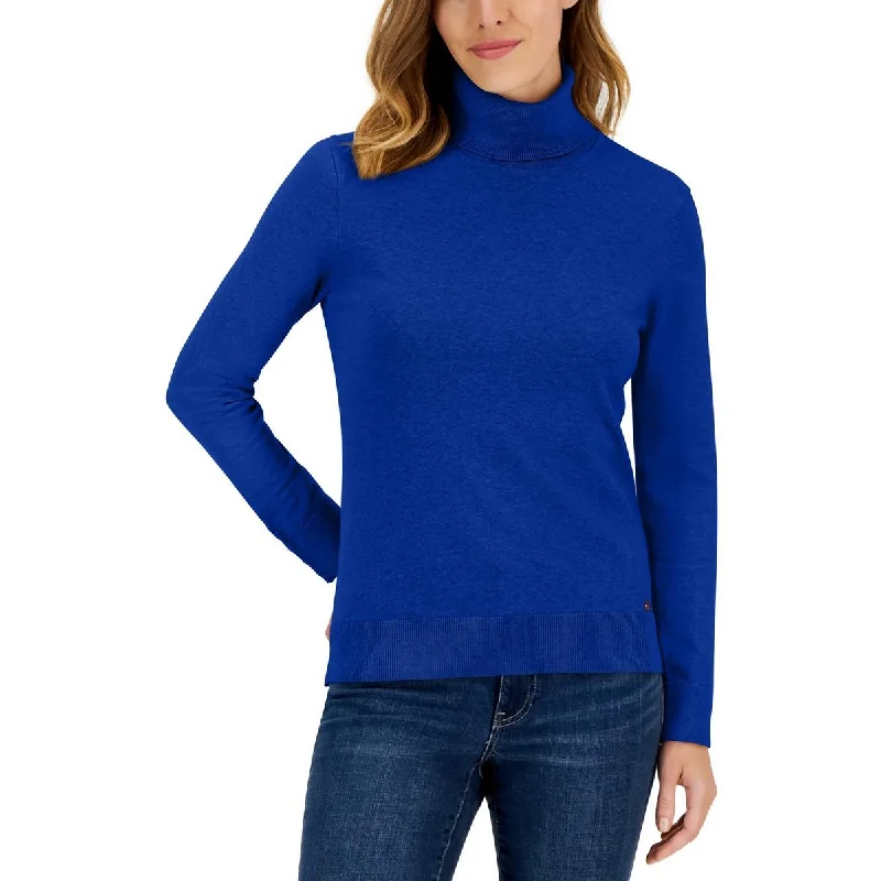 Tommy Hilfiger Womens Solid Cotton Turtleneck Sweater Beaded Sweater Sequined Faux Fur