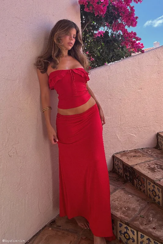 Bea Asymmetrical Slinky Maxi Skirt - Pomegranate velvet skirt plush