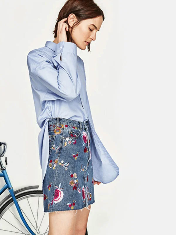 Blue Zone Planet |  Floral Embroidered High Waist Washed Denim Mid Skirt linen skirt relaxed