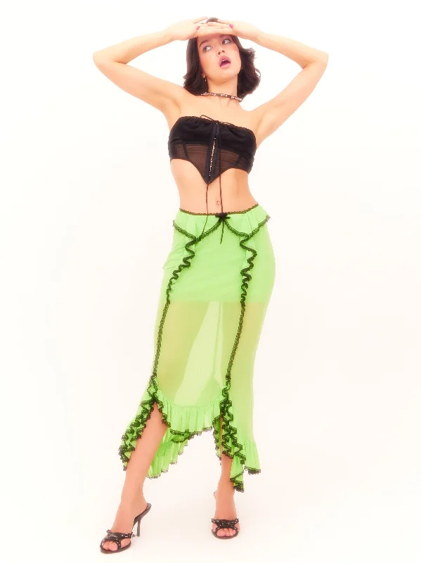 Nodress Lace Trim  Fluorescent Green Netting  Ruffled Fishtail Skirt linen skirt natural