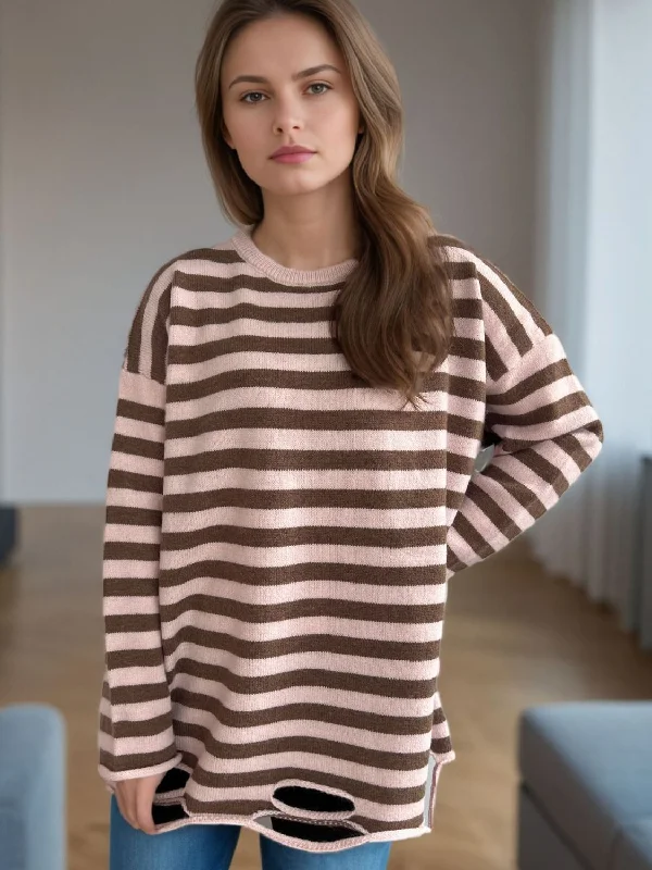 Luna Distressed Striped Round Neck Long Sleeve Sweater Anti-Pilling Anti-Shrink Durable