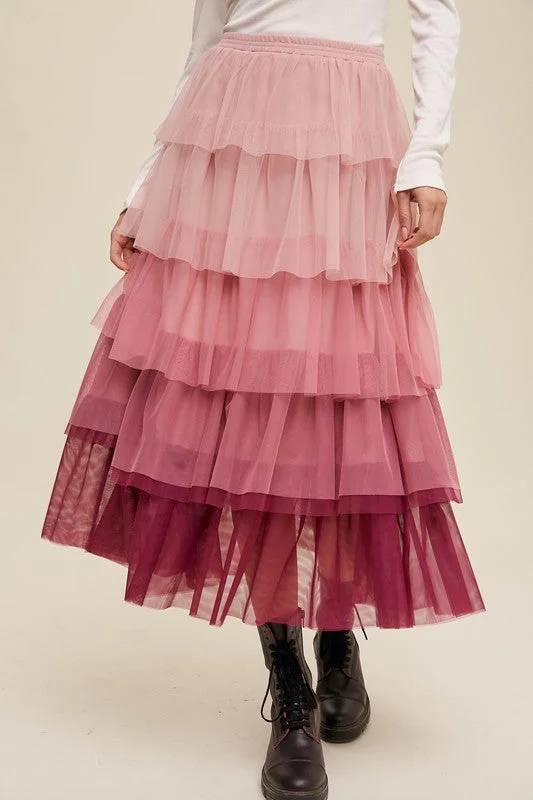 Lilly Tiered Mesh Maxi Skirt casual skirt length