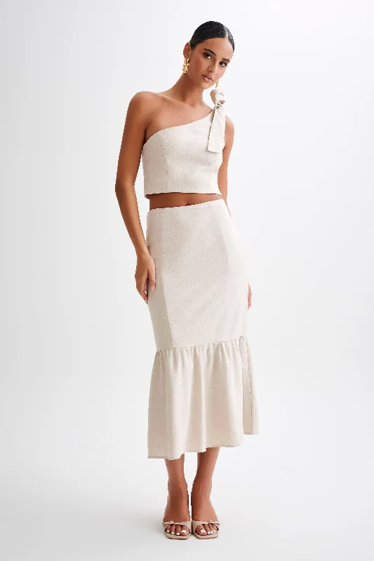 Venezia Linen Midi Skirt With Ruffle - Natural silk skirt elegant