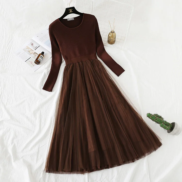 French Vintage mesh stitching knee length sweater skirt  4295 Velvet Chenille Corduroy