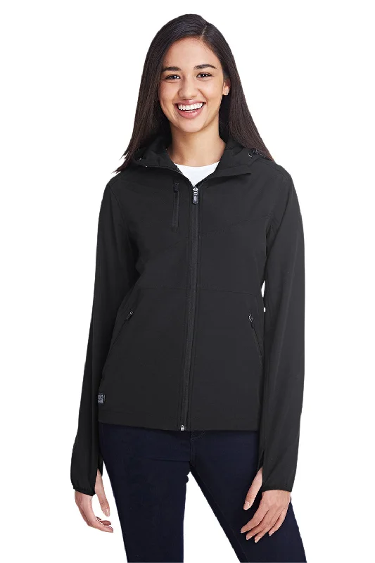 Dri Duck Womens Ascent Wind & Water Resistant Soft Shell Full Zip Hooded Jacket - Black Boat Neck Shawl Collar Notched Collar
