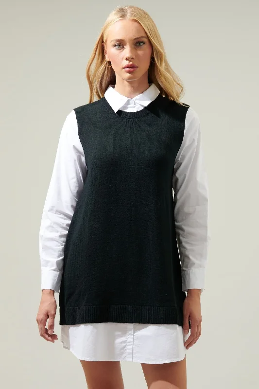 The Marianna Mixed Media Poplin Sweater Dress Layered Multi-layer Single Layer