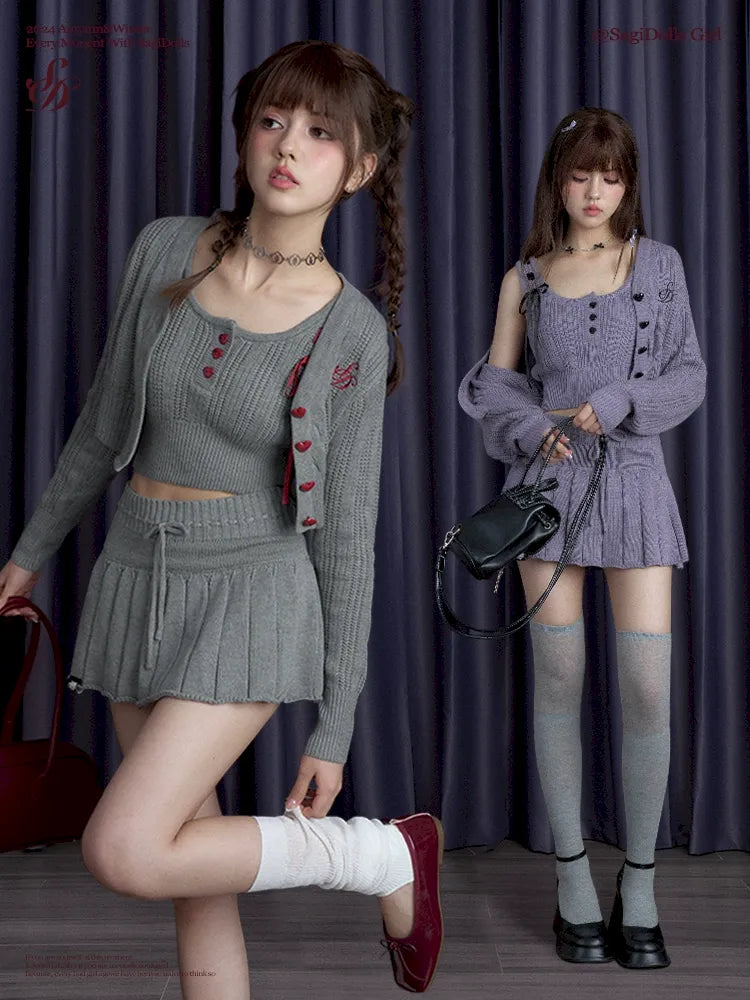 Knitted camisole cardigan skirt set【s0000010119】 denim skirt fashionable