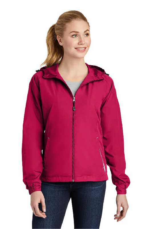 Sport-Tek Womens Water Resistant Full Zip Hooded Jacket - Raspberry Pink/White - Closeout Print Jacket Jacquard Jacket Embroidered Jacket