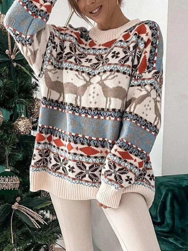 Christmas Geometric Round Neck Dropped Shoulder Sweater Spandex Blend Rayon Blend Denim Blend