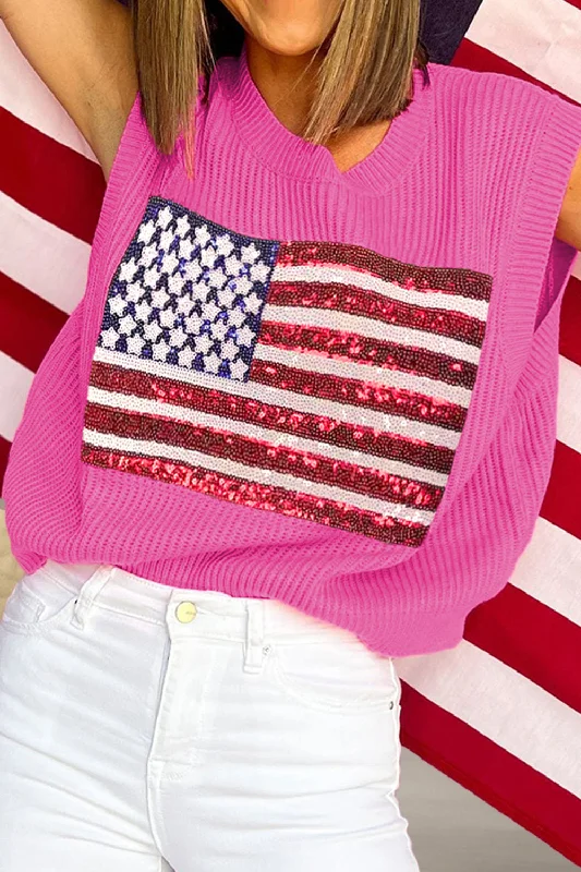 Blake Sequin US Flag Round Neck Sweater Vest Cashmere Blend Cotton Blend Poly Blend