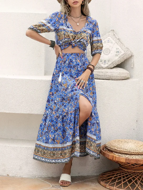 Blue Zone Planet |  Ditsy Floral Tie Neck Top And Slit Skirt Set wrap skirt elegant