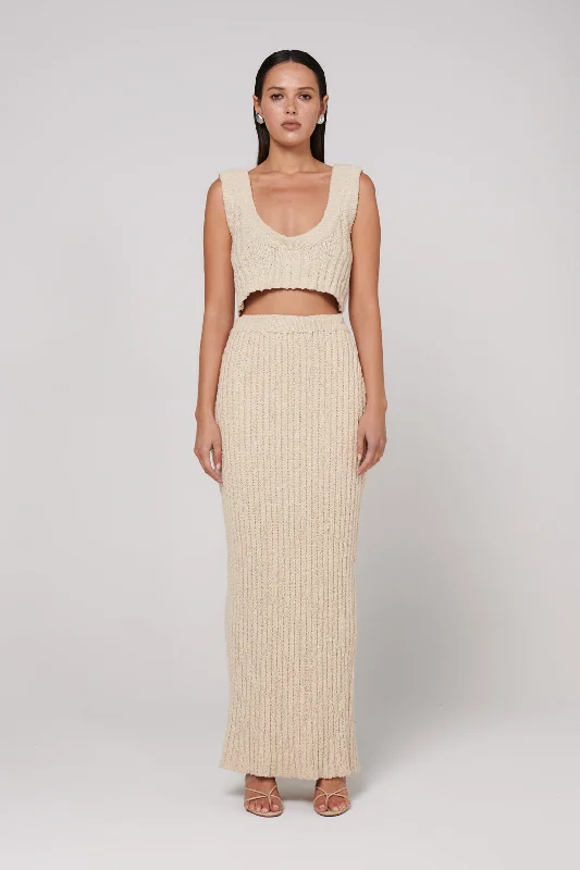 BAYSE AMOR MAXI SKIRT - ECRU ruffled skirt detail