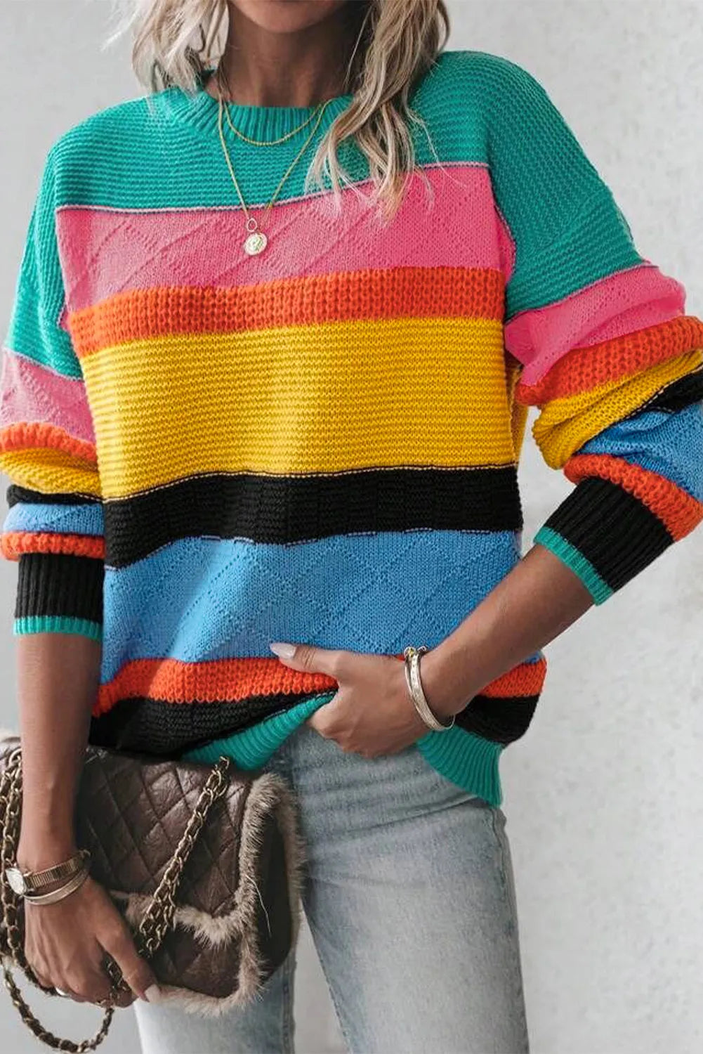 Contrast Round Neck Dropped Shoulder Sweater Notch Collar Peter Pan Collar Cowl Neck