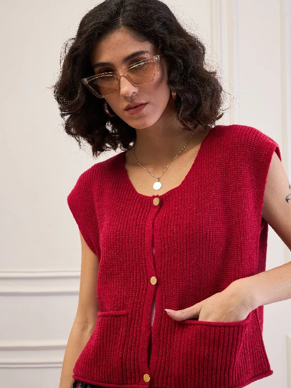 Women Red Front Button Extended Sleeves Pocket Sweater Iron Safe Non-Iron Wrinkle Free