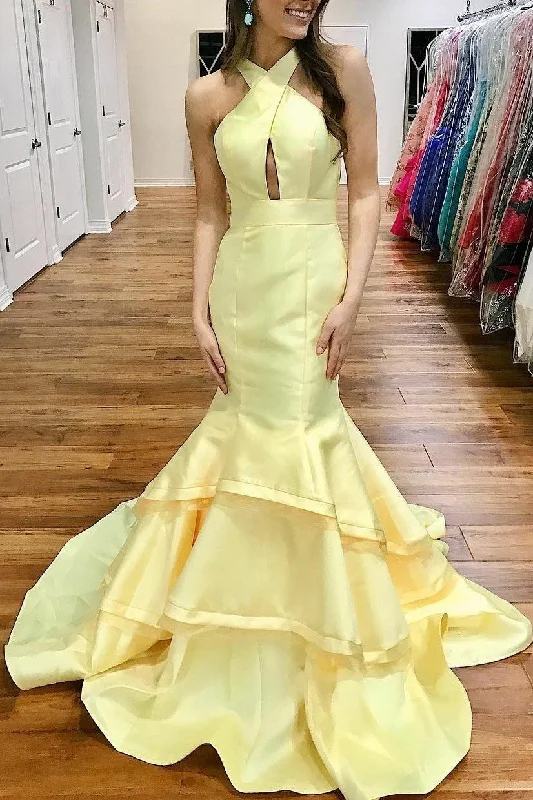Light Yellow Satin Mermaid Evening Gowns with Tiered Skirt velvet skirt luxurious