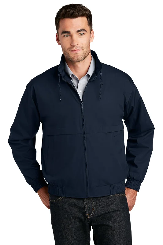 Port Authority Mens Classic Poplin Wind & Water Resistant Full Zip Jacket - Dark Navy Blue - Closeout Welt Pockets Slit Pockets Flap Pockets