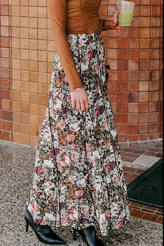 Floral Elastic Waist Maxi Skirt wool skirt sturdy