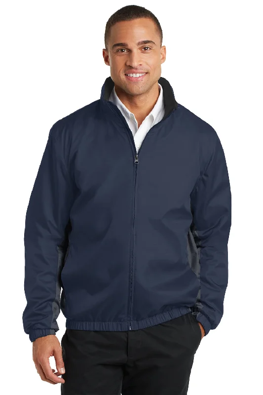 Port Authority Mens Core Wind & Water Resistant Full Zip Jacket - Dress Navy Blue/Battleship Grey - Closeout Denim Fabric Leather Fabric Suede Fabric