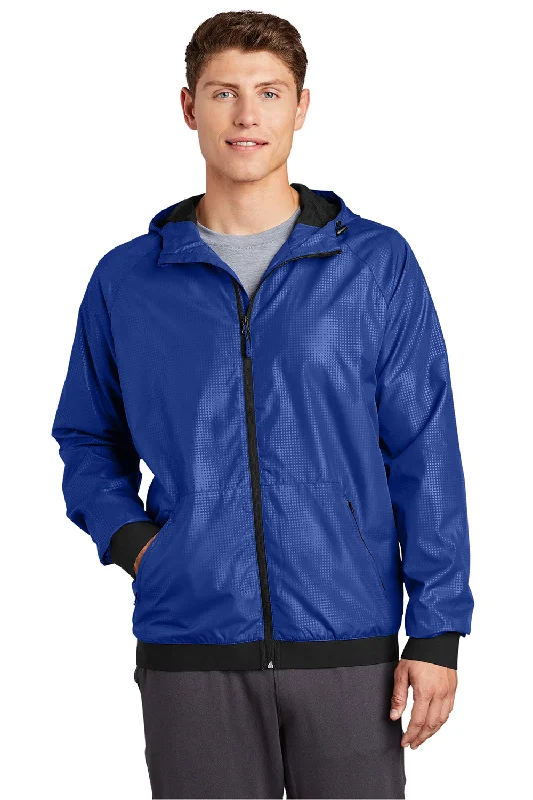 Sport-Tek Mens Wind & Water Resistant Full Zip Hooded Jacket - True Royal Blue/Black - Closeout Cardigan Sweater Pullover