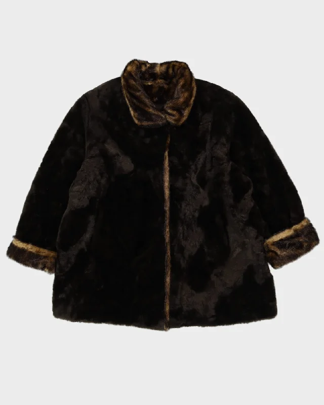 Brown Faux Fur Jacket - XL Notch Collar Peter Pan Collar Cowl Neck