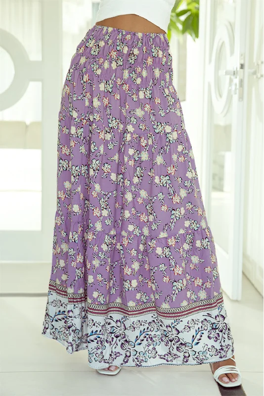 Blue Zone Planet |  Purple Floral Print Shirred High Waist Maxi Skirt lace skirt romantic