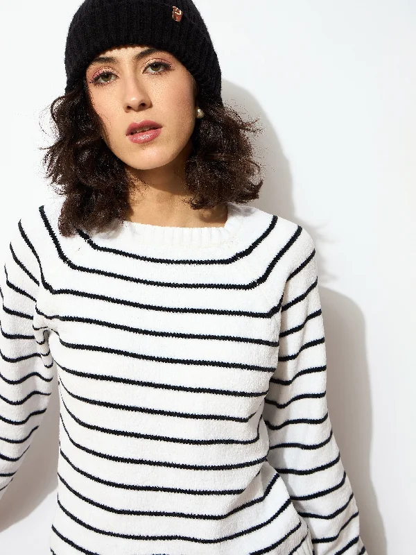Women Black & White Striped Full Sleeves Sweater Wool Fabric Cashmere Fabric Tweed Fabric