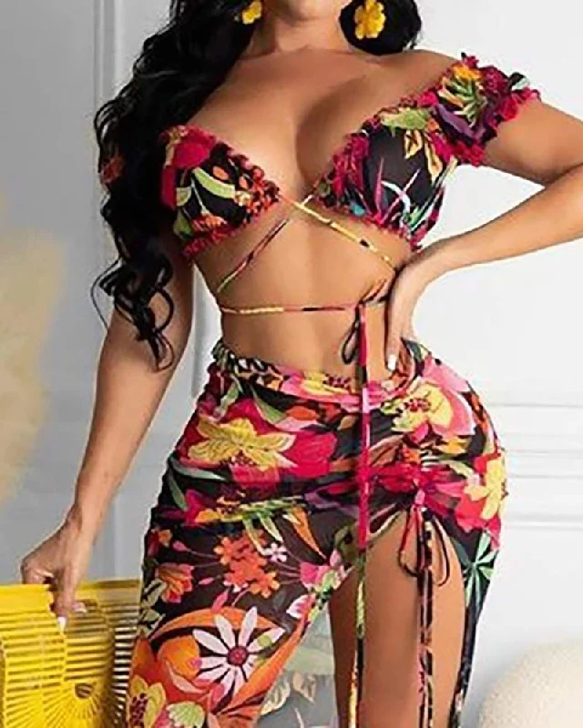 Frill Hem Short Sleeve Top Drawstring Skirt Set boho skirt vibe