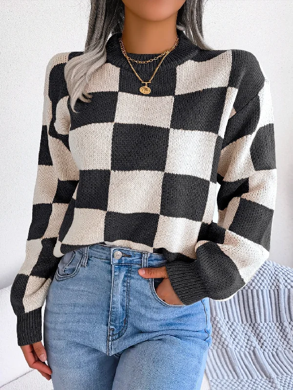 Checkered Mock Neck Long Sleeve Sweater Hooded Caped Shawl Collar