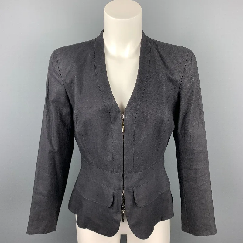 GIORGIO ARMANI Size 6 Slate Silk / Linen Zip Up Jacket Stand-Up Collar Roll-Neck Collar Turtle Neck