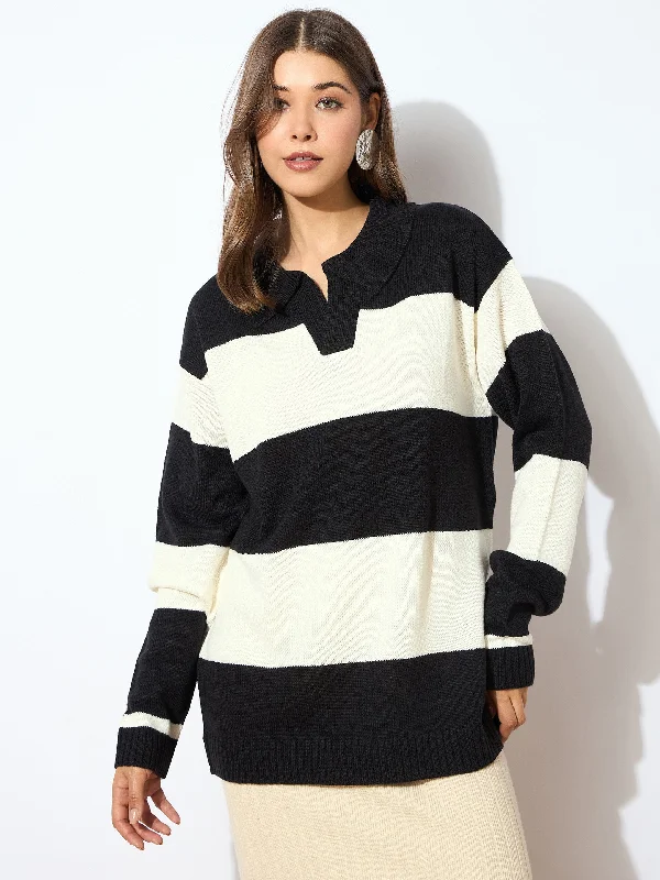 Women Black And White Polo Neck Sweater Lightweight Heavyweight Midweight