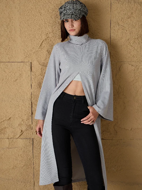 Women Grey Turtle-Neck Front High Slit Sweater Terry Blend Velvet Blend Canvas Blend