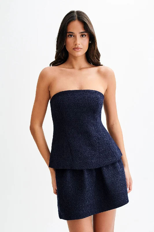 Cyrus Gathered Boucle Mini Skirt - Navy breathable skirt fabric