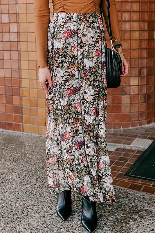 Blue Zone Planet |  Brown Floral Print High Waist Maxi Skirt linen skirt natural