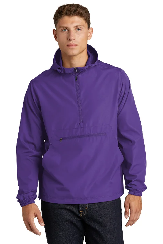 Sport-Tek Mens Wind & Water Resistant Packable Anorak 1/4 Zip Hooded Jacket - Purple Herringbone Jacket Houndstooth Jacket Plaid Jacket