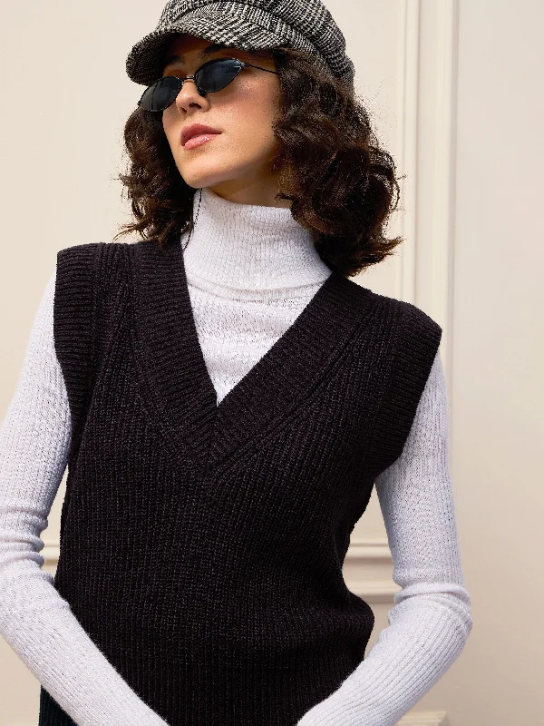 Women Black Solid V-Neck Sweater Vest Mesh Fabric Canvas Fabric Denim Fabric