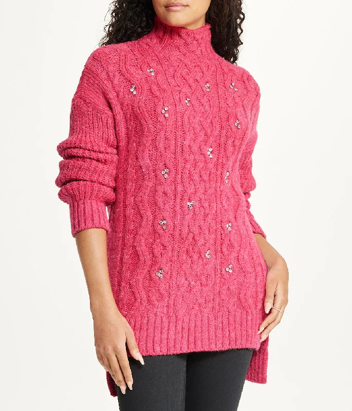 Bejewelled Cable Mock Neck Sweater Solid Color Striped Floral Print
