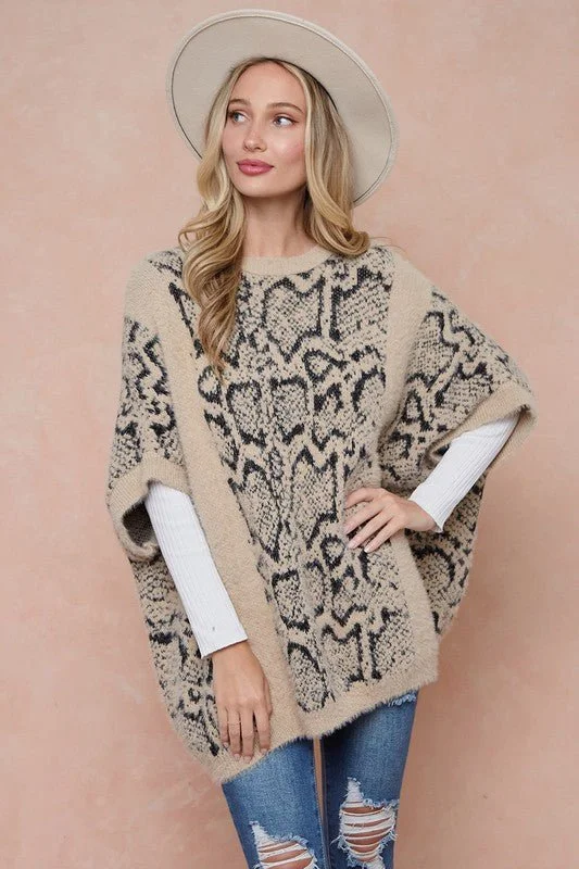 On Blue Animal Print Sweater Poncho Boxy Sweater Fitted Sweater A-Line